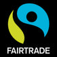 Fairtrade logo with a blue circle, yellow leaf, and black figure on a black background.