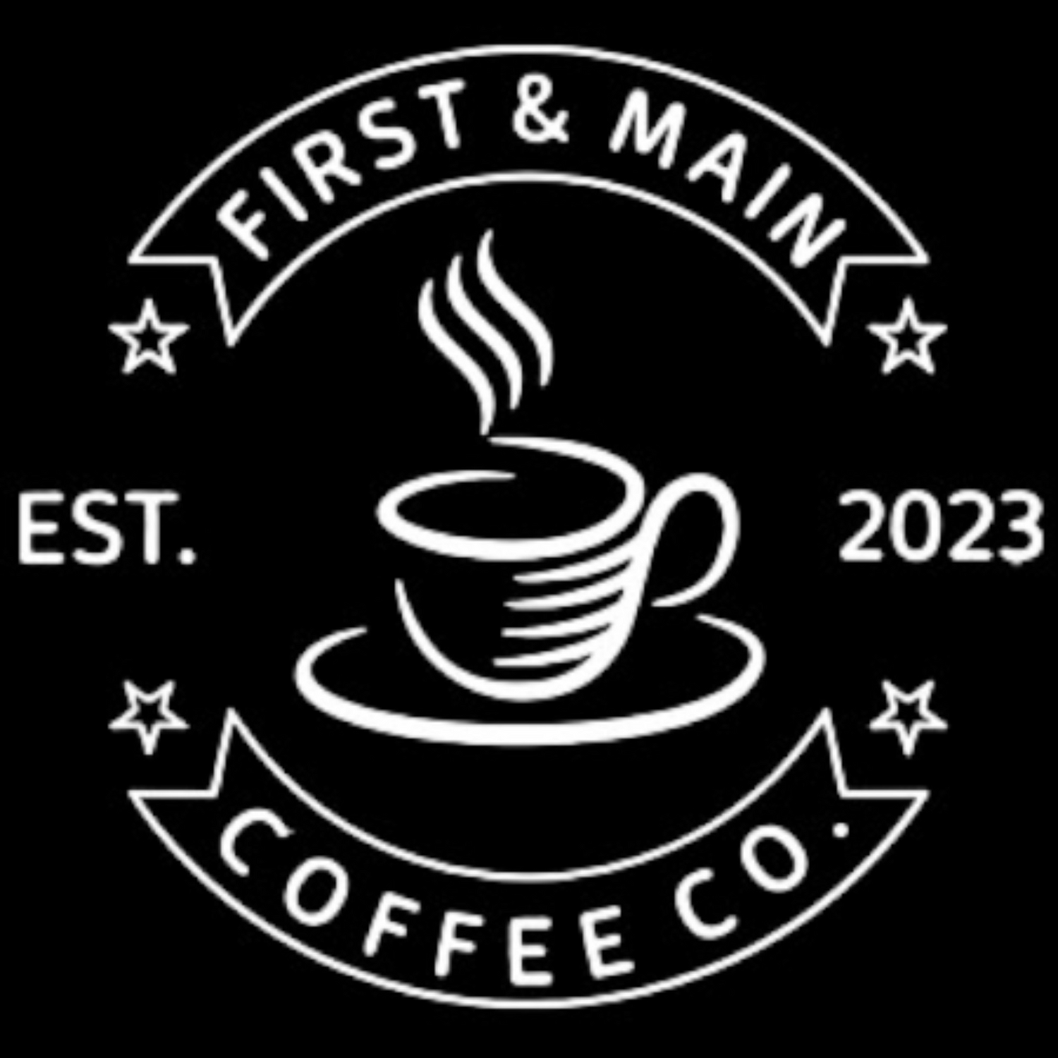 Logo of First & Main Coffee Co. with a coffee cup and stars on a black background