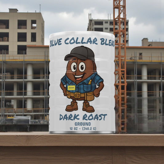 A can of Blue Collar Blend, Dark Roast Coffee from First And Main Coffee Company