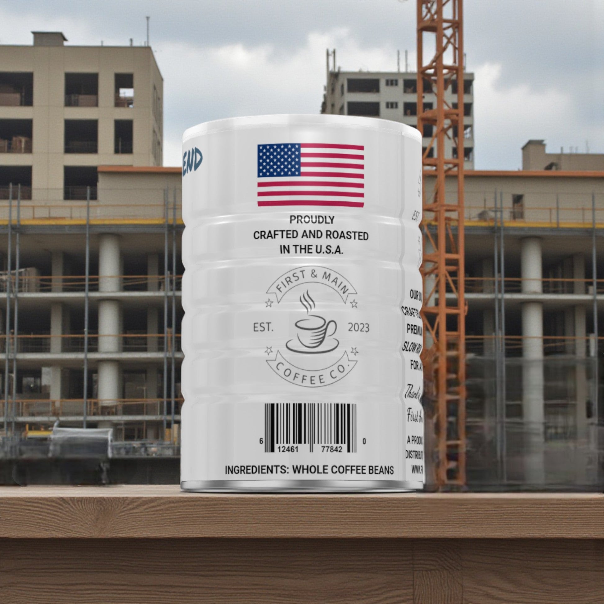 A can of Blue Collar Blend, Dark Roast Coffee from First And Main Coffee Company