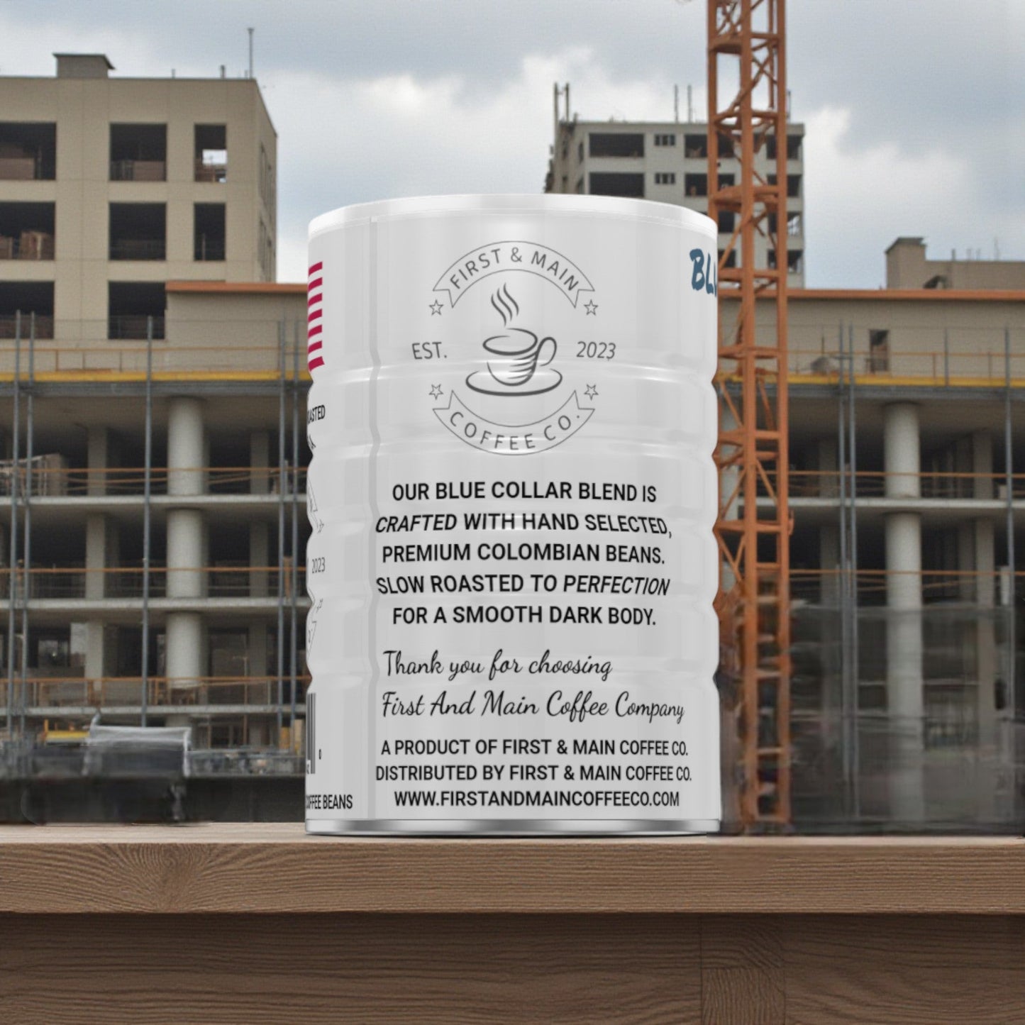 A can of Blue Collar Blend, Dark Roast Coffee from First And Main Coffee Company