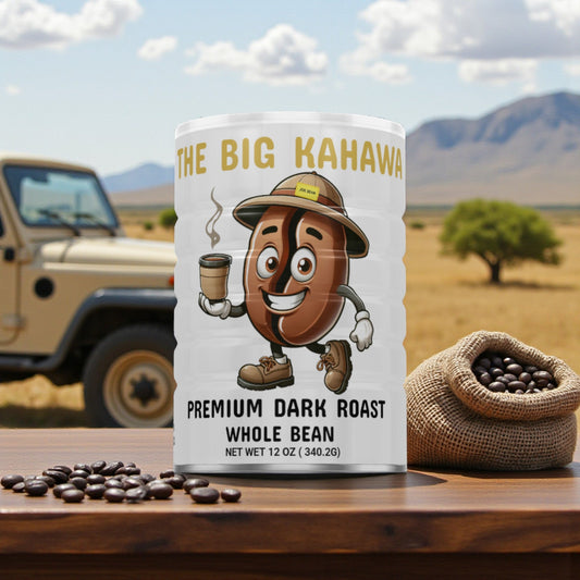 A can of The Big Kahawa, Dark Roast Coffee from First And Main Coffee Company